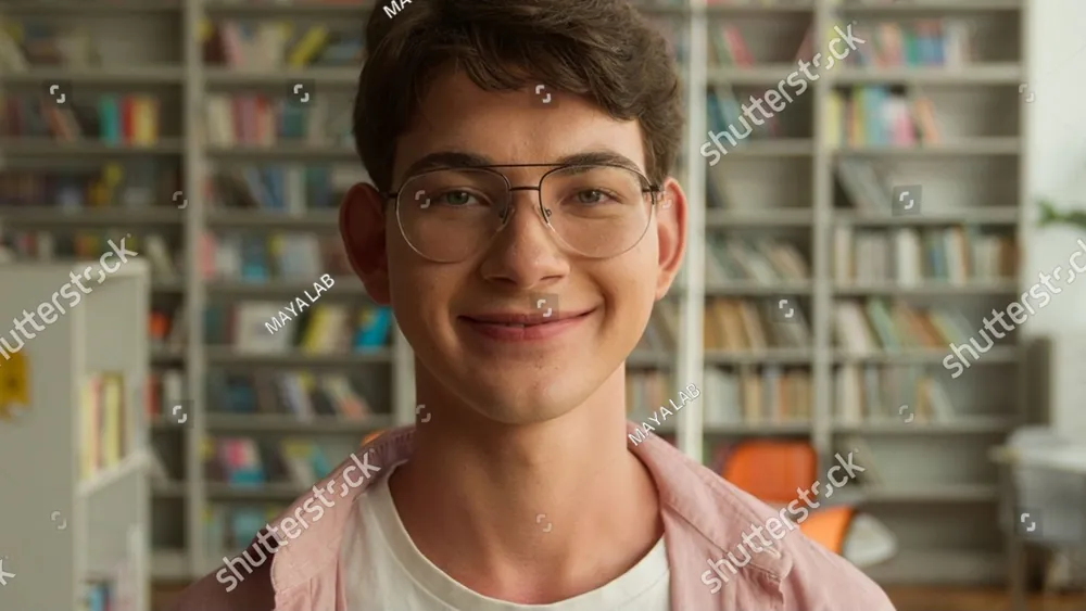 A smiling teenage boy in glasses in front of bookshelves